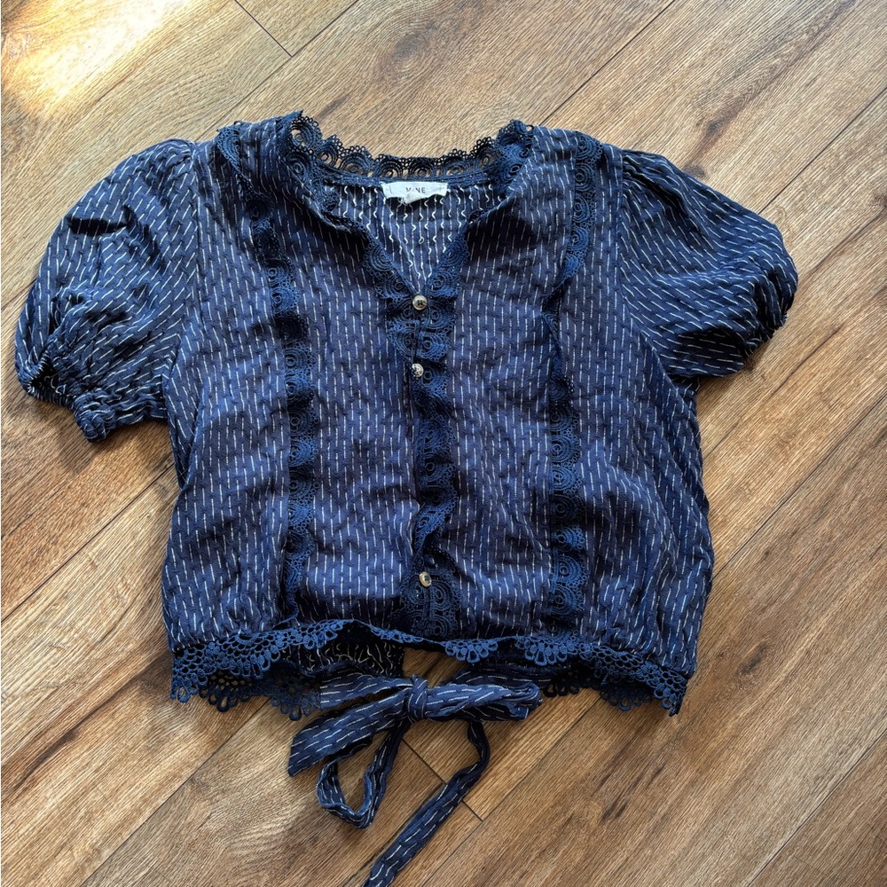 Navy Blue Lace Trim Blouse